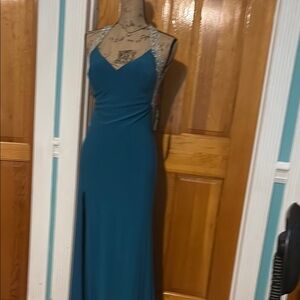 La Femme Teal Halter Maxi Gown